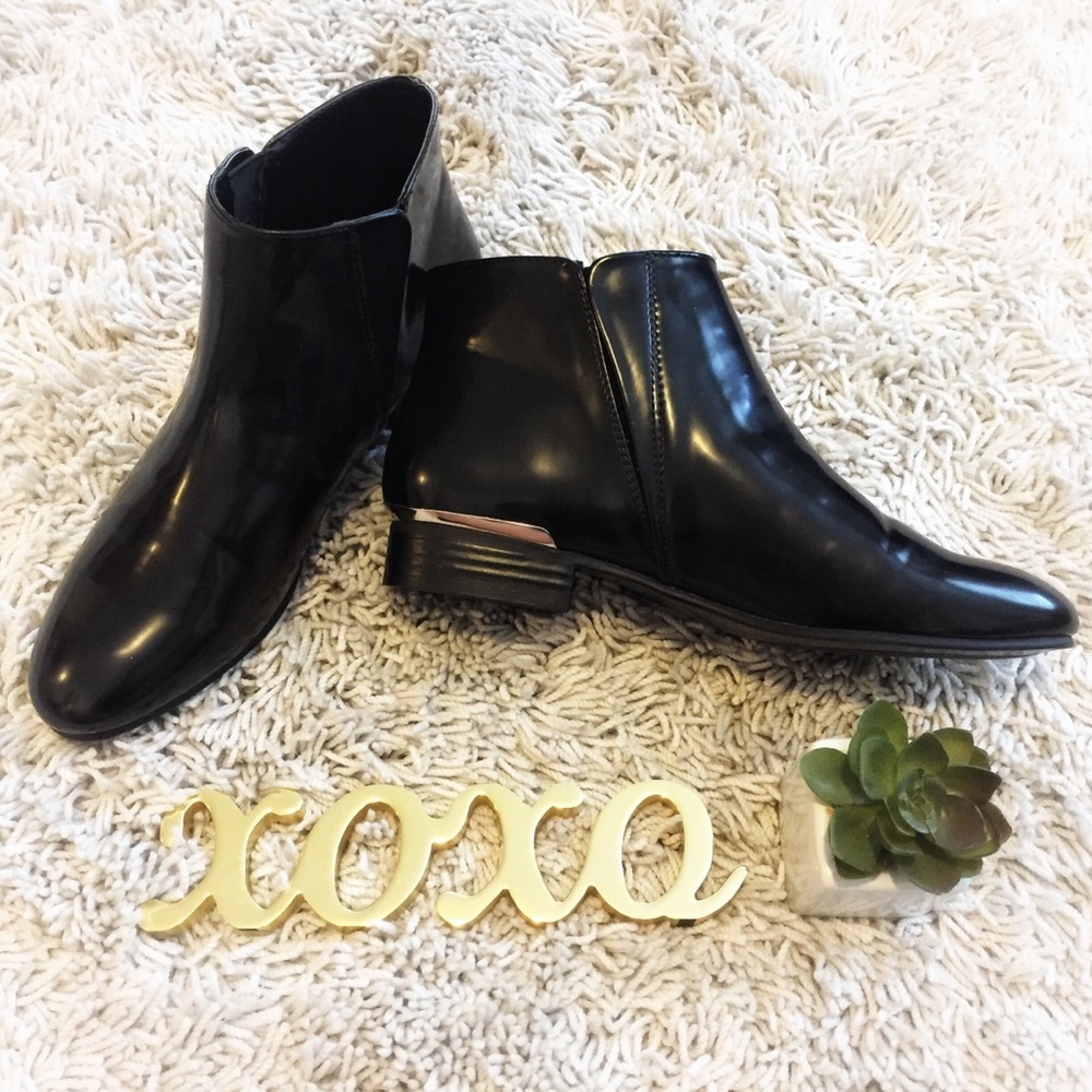 Zara Patent Black Ankle Boots w/Gold Trim